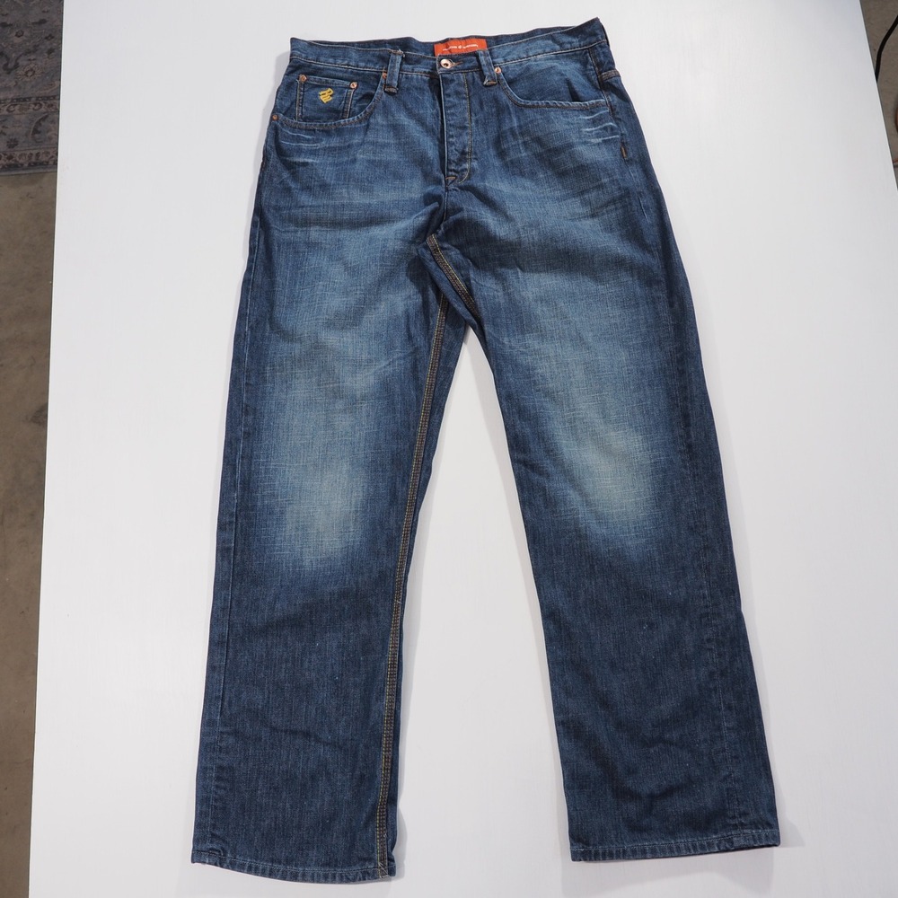 VTG Rocawear Jeans Mens 36 Blue Baggy Wide Leg Button Fly Y2K Embroidered Pocket